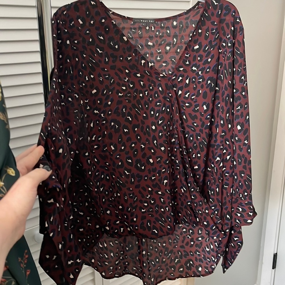 Leopard print dark maroon blouse. Business casual